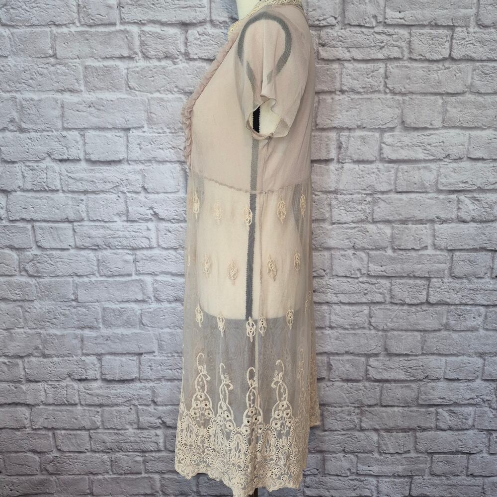 Rinascimento Beige Sheer Mesh Lace Embroidered Ruffle Mock Neck Midi Dress - Picture 9 of 10